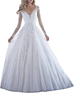 فستان زفاف طويل من الدانتيل الزهري بياقة على شكل V وأكمام طويلة VKStar 3